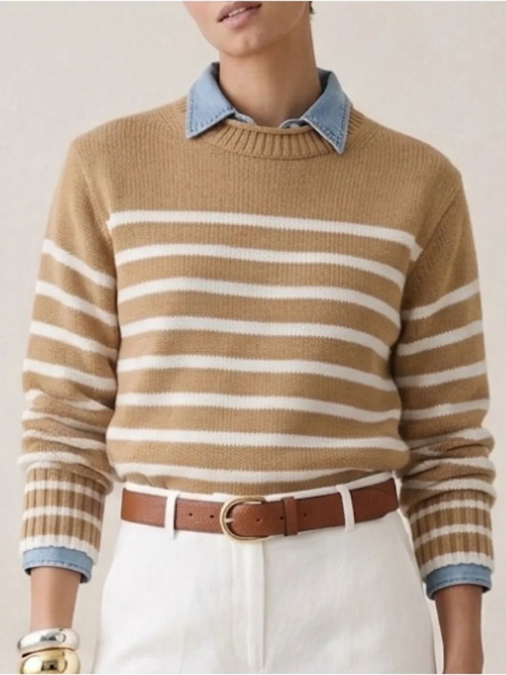 J.CREW Rollneck Sweater Women's Size S Tan Striped Chunky Knit Preppy Coastal